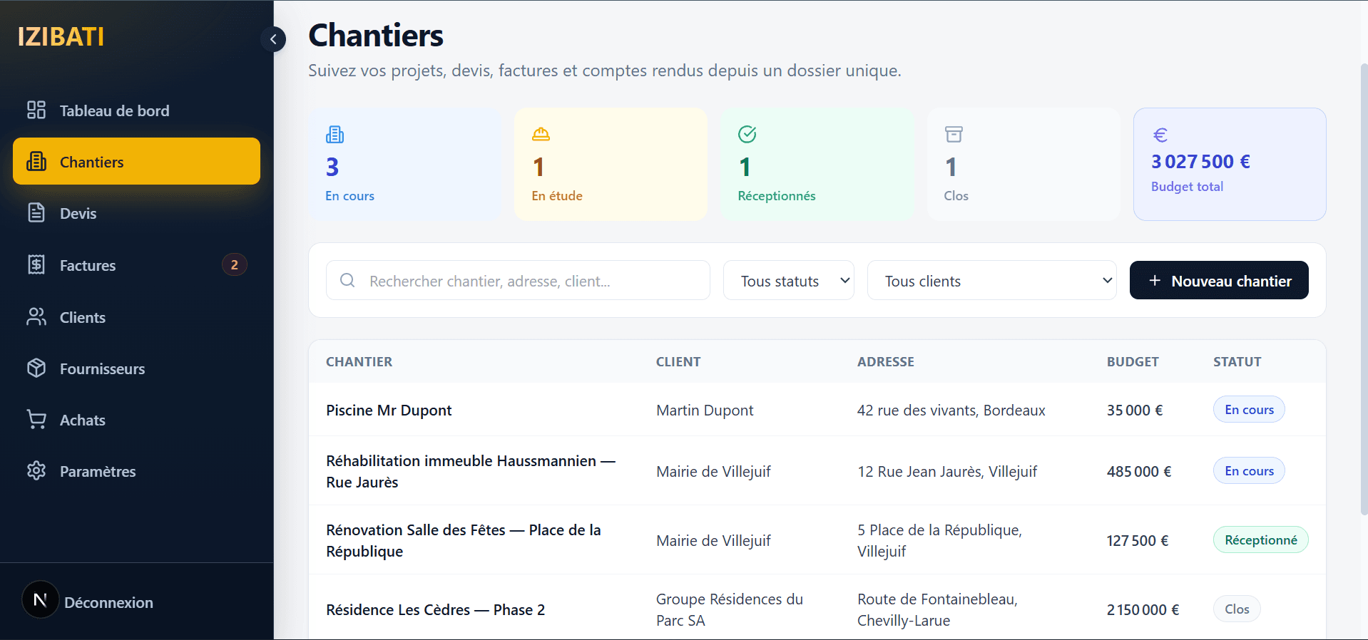 Aperçu Planning chantier