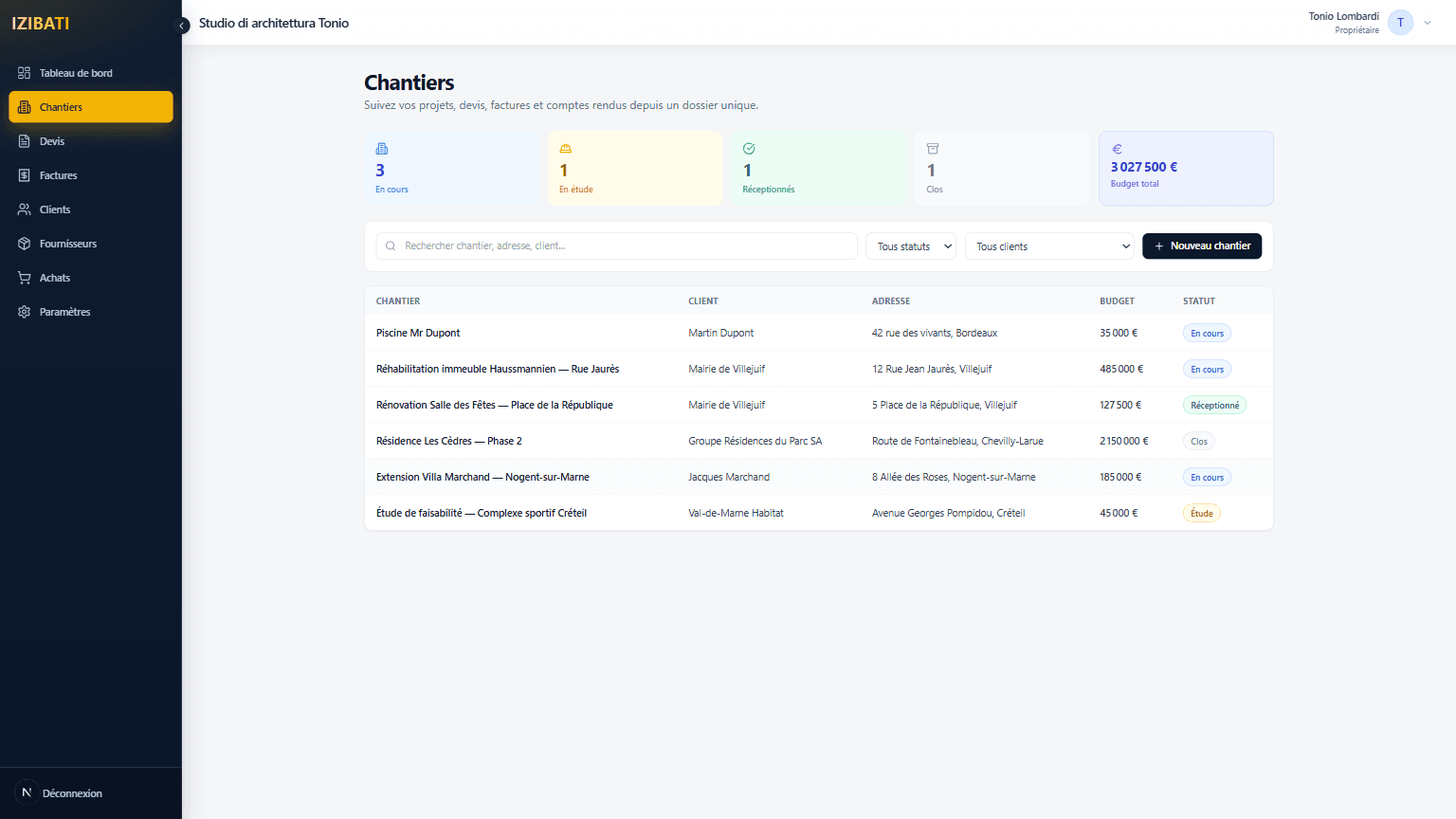 Liste des chantiers dans IZIBATI.