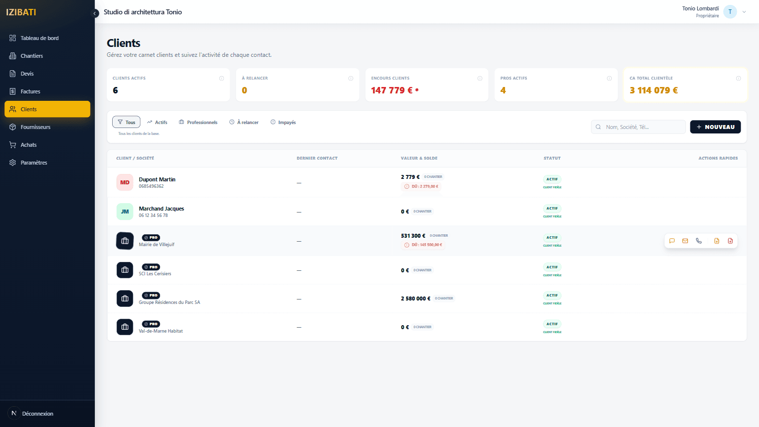 Écran clients dans IZIBATI.