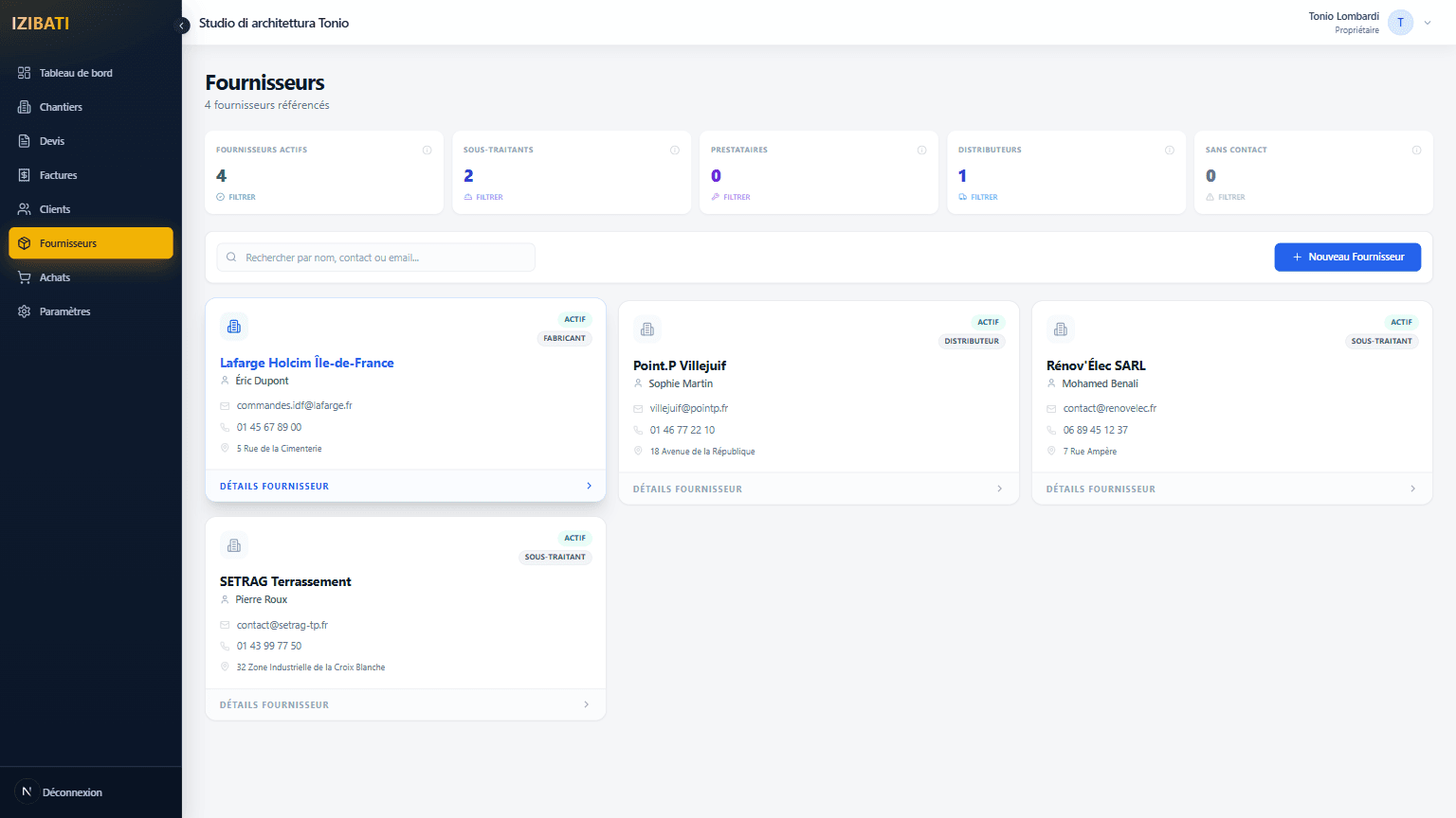 Écran fournisseurs dans IZIBATI.