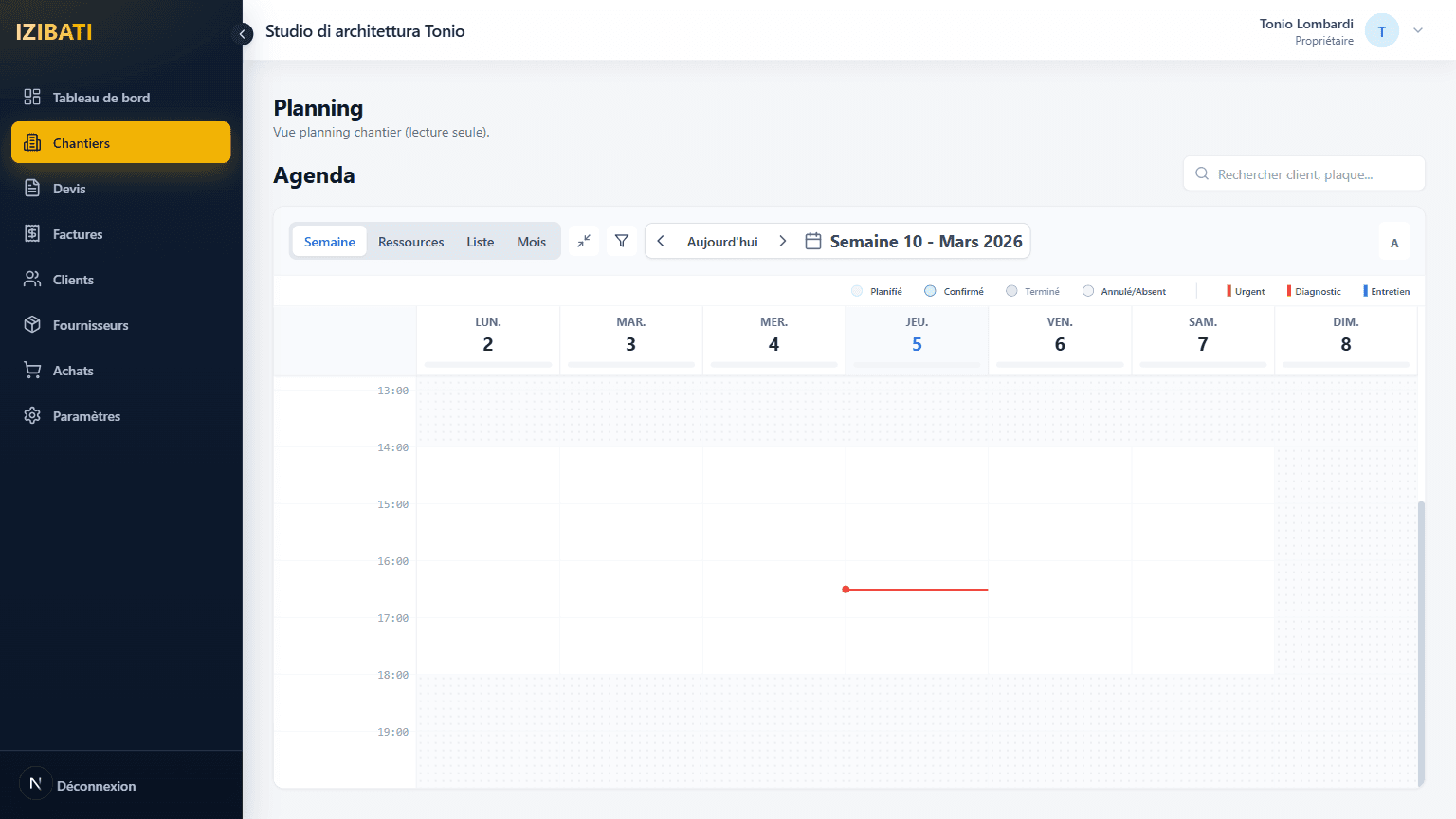 Planning chantier en vue semaine sur IZIBATI.